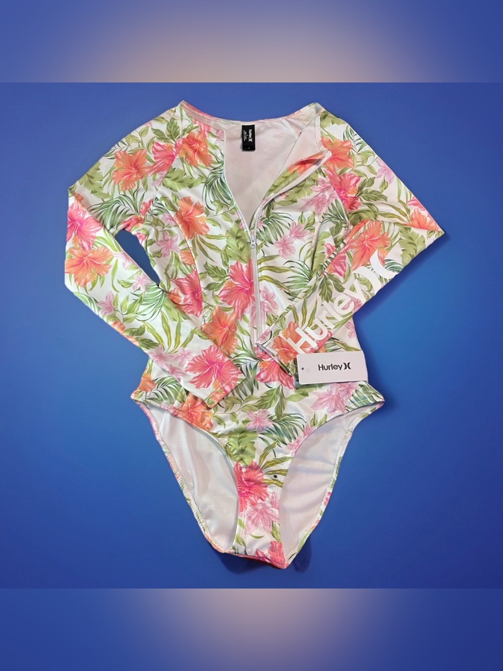 NWT Hurley Women's Long Sleeve One Piece Swimsuit M Hibiscus Floral Rash Guard